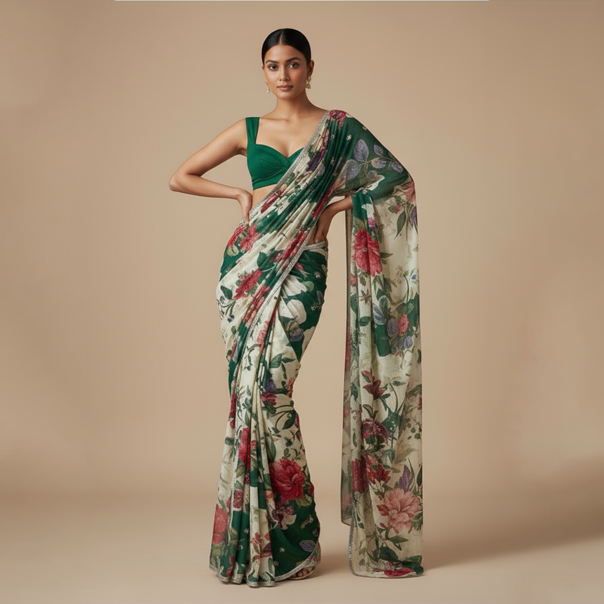 Emerald Bloom Saree Ensemble (Georgette Saree)