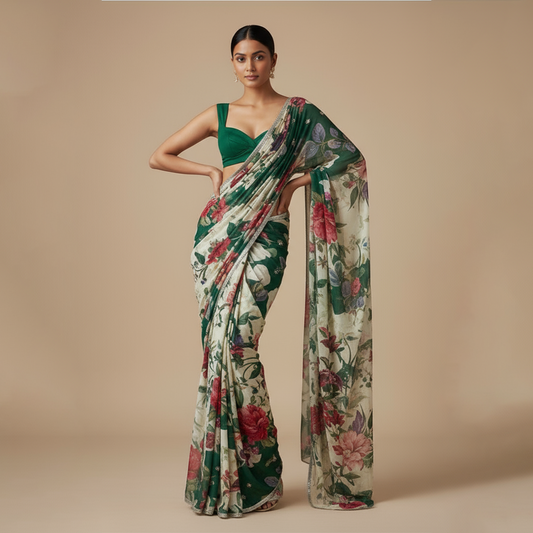 Emerald Bloom Saree Ensemble (Georgette Saree)