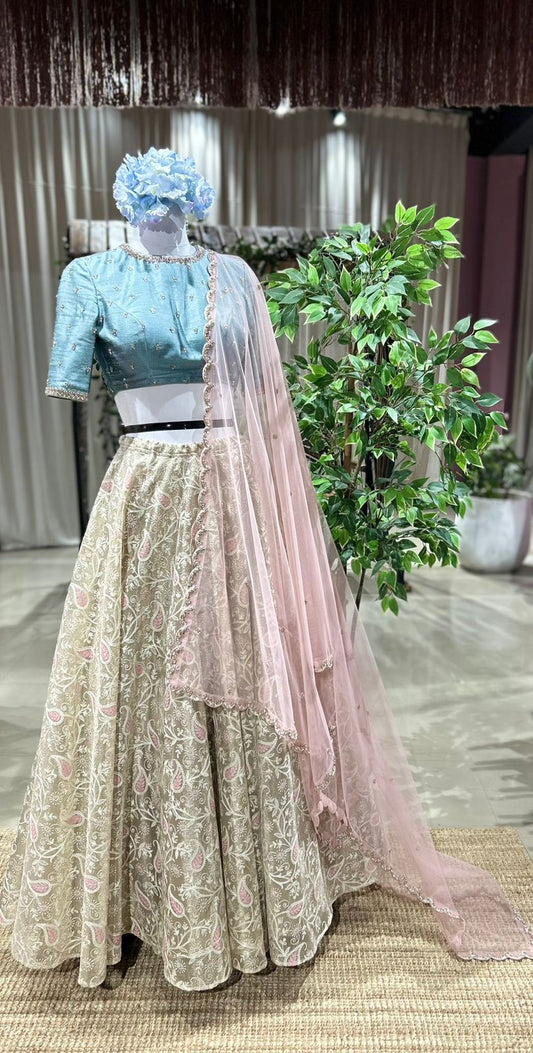 Pastel Dream – Zari Kota Lehenga with Raw Silk Elegance"