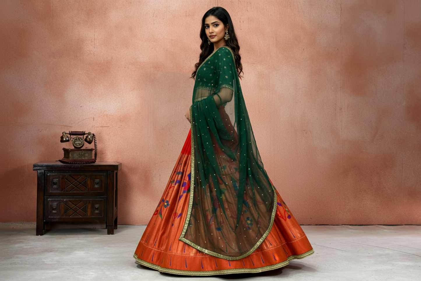 Vibrant Heritage Lehenga Ensemble (Raw Silk Blouse, Paithani Lehenga, Net Dupatta)