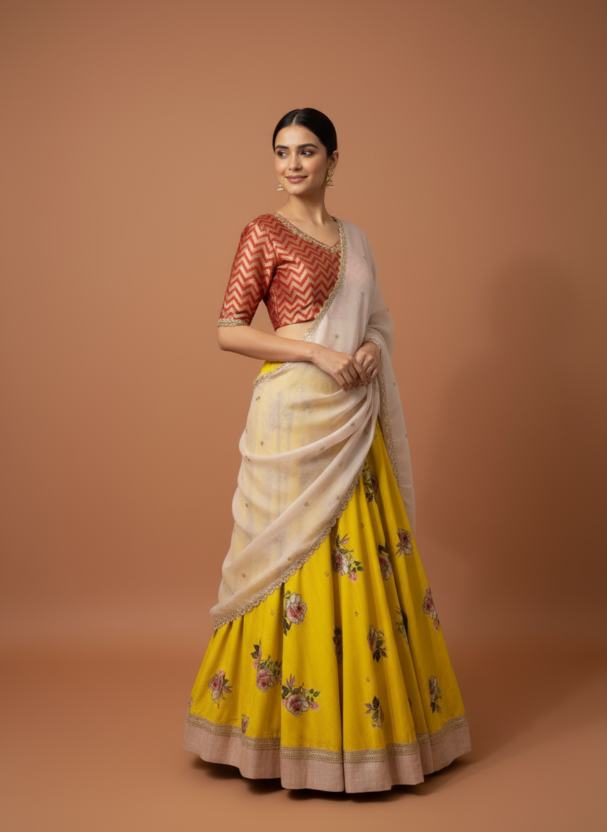 Golden Bloom Lehenga Ensemble (Tussar Lehenga, Raw Silk Dupatta, Chinnon Dupatta)