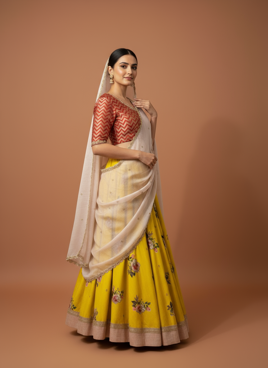 Golden Bloom Lehenga Ensemble (Tussar Lehenga, Raw Silk Dupatta, Chinnon Dupatta)