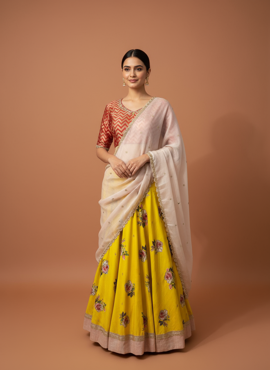 Golden Bloom Lehenga Ensemble (Tussar Lehenga, Raw Silk Dupatta, Chinnon Dupatta)