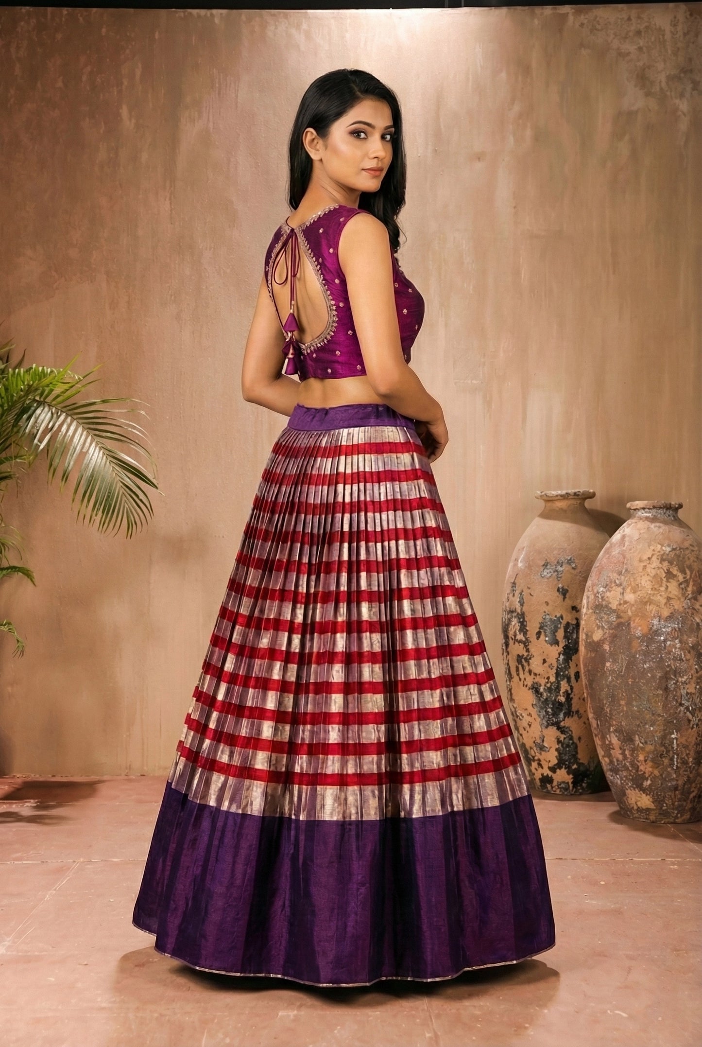 Deep Purple Silk Blouse with Maroon & Silver Metallic Striped Lehenga Set