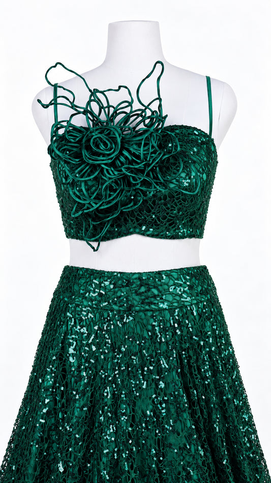 Sequin Lace Lehenga Set with Sculptural Cordwork Blouse