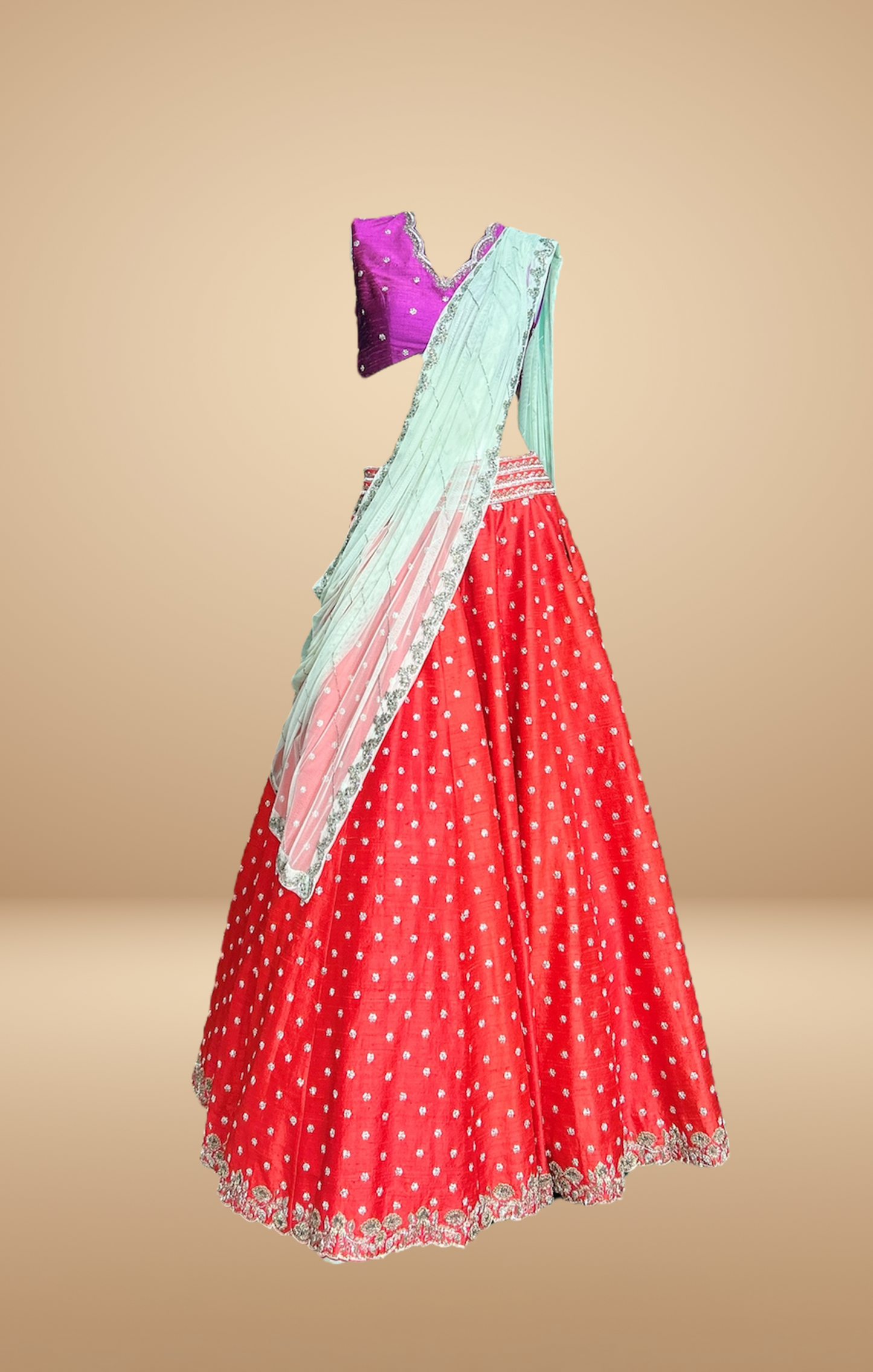 Red Lehenga Set with Aqua Green Dupatta and Purple  Blouse