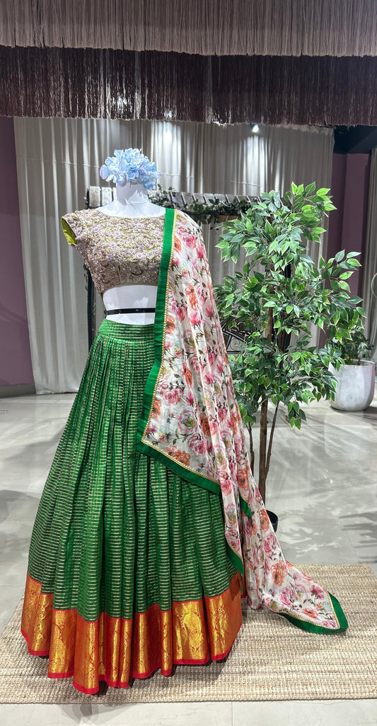Floral charm– Raw Silk Lehenga with Embroidered Bloom & Organza Freshness