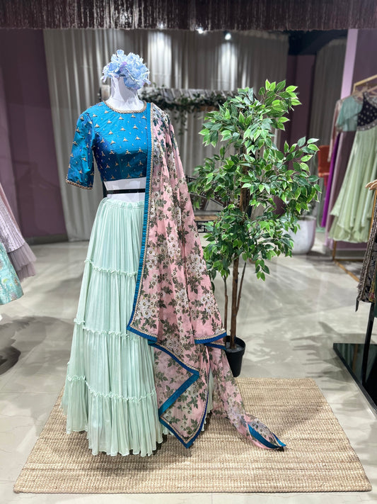Mint Melody – Chinnon Lehenga with Kanchi Silk Blouse & Organza Dupatta | Vinisha Rao Studio
