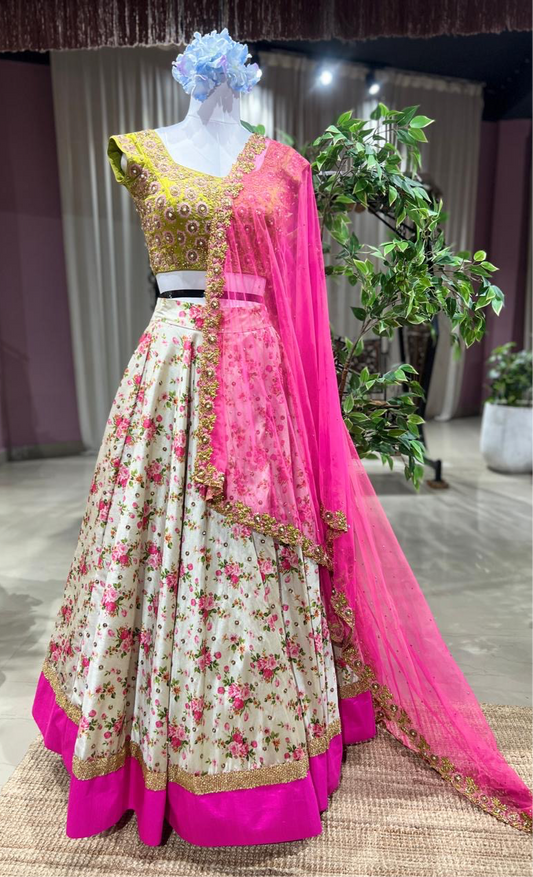 Cherry Bloom – Floral Tussar Silk Lehenga with Kanchi Silk Blouse & Net Dupatta