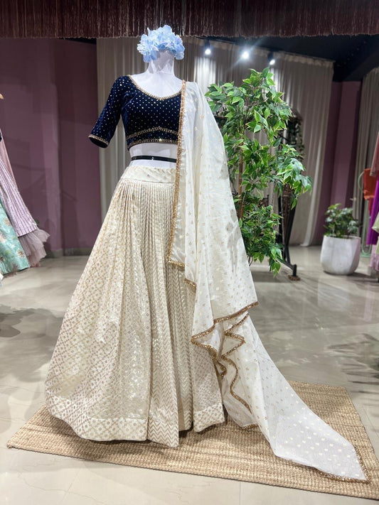 Noor Étoile – Ivory Chanderi Lehenga & Midnight Velvet Blouse Set | Vinisha Rao Studio