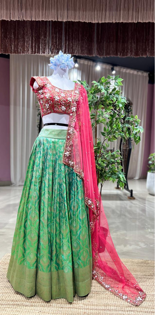 Starlight Charm – Green Banarasi Lehenga with Embellished Blouse & Net Dupatta