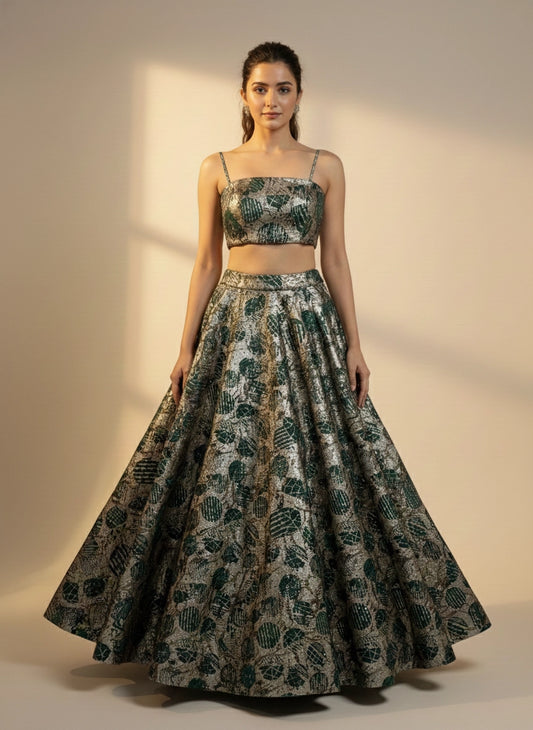 Emerald Muse Lehenga Ensemble (Green Brocade Lehenga & Crop Blouse) by Vinisha Rao