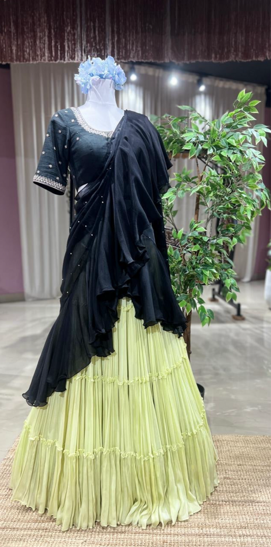 Lime-Lights Black Chinnon Dupatta Set with Lime Tiered Lehenga