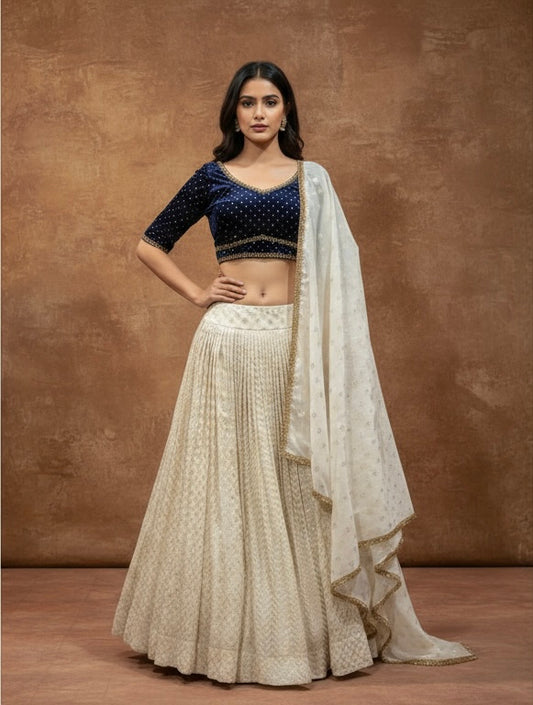Noor Étoile – Ivory Chanderi Lehenga & Midnight Velvet Blouse Set | Vinisha Rao Studio