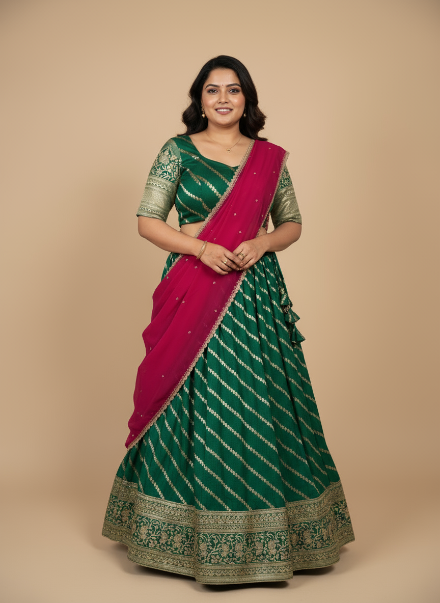 Verdant Grace Lehenga Ensemble (Dola Silk Lehenga and Blouse, Chinnon Dupatta)
