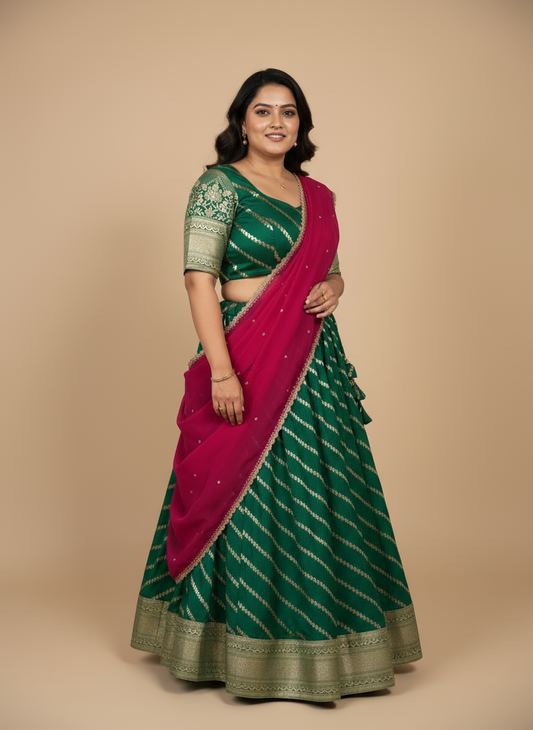 Verdant Grace Lehenga Ensemble (Dola Silk Lehenga and Blouse, Chinnon Dupatta)