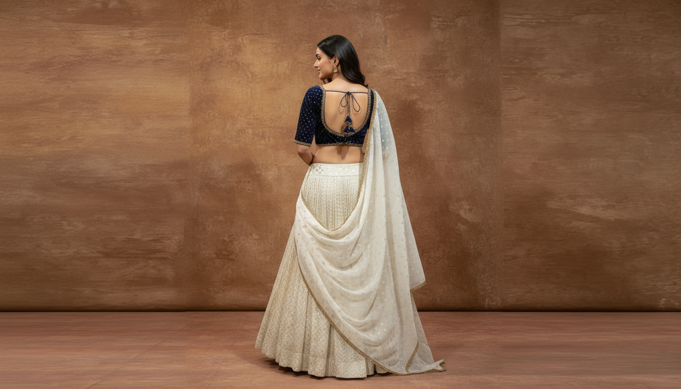 Noor Étoile – Ivory Chanderi Lehenga & Midnight Velvet Blouse Set | Vinisha Rao Studio
