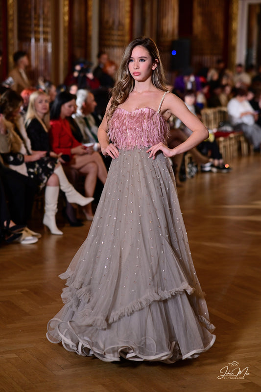 Ethereal Feathered Blush Pink and Grey Gown with Pearl Detailing