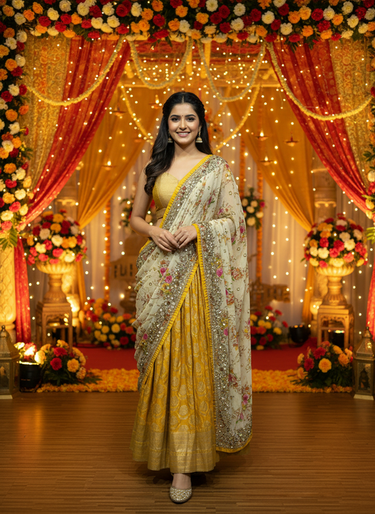 Golden Yellow Banarasi Lehenga Set with Soft Net Dupatta