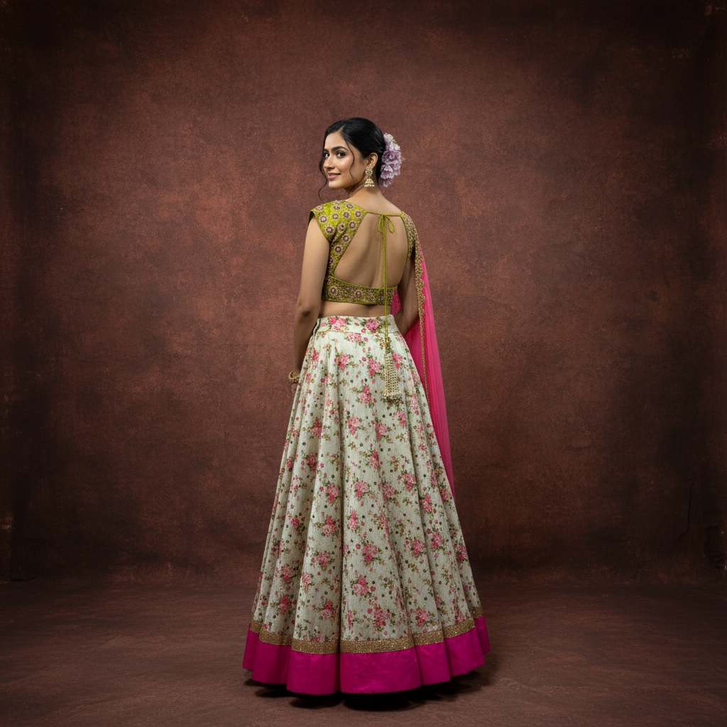 Blossom Radiance Lehenga Ensemble (Printed Tussar Silk Lehenga, Kanchi Silk Blouse, Net Dupatta) by Vinisha Rao Designer Studio