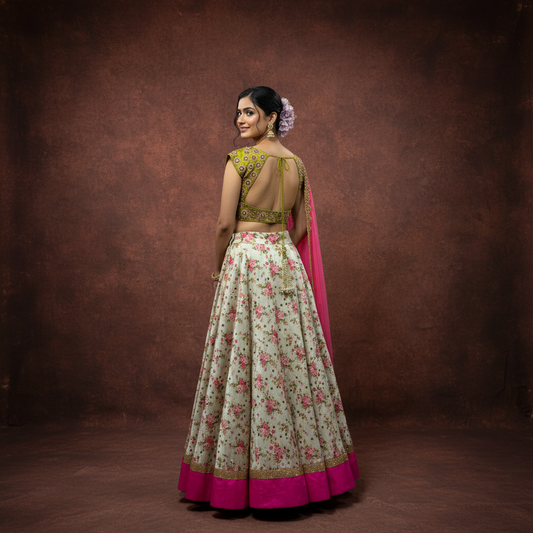 Blossom Radiance Lehenga Ensemble (Printed Tussar Silk Lehenga, Kanchi Silk Blouse, Net Dupatta) by Vinisha Rao Designer Studio