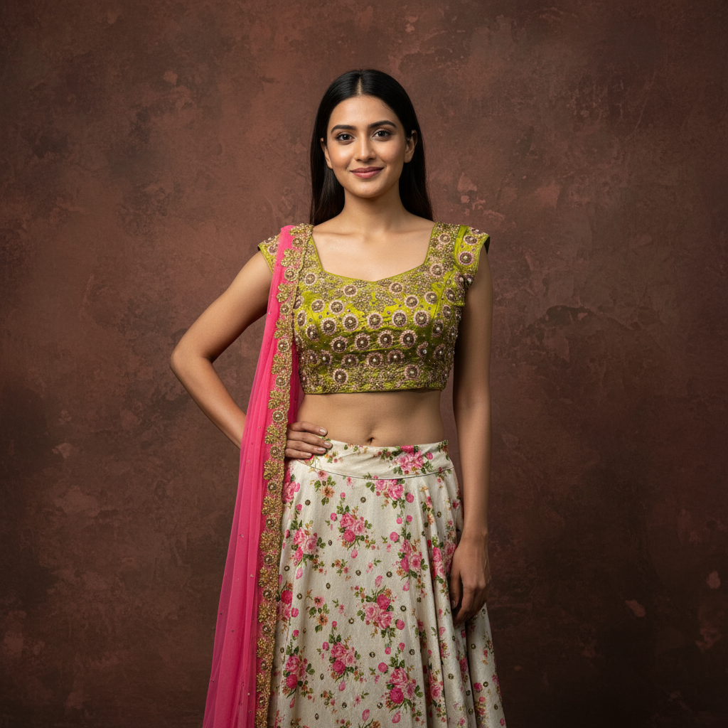 Blossom Radiance Lehenga Ensemble (Printed Tussar Silk Lehenga, Kanchi Silk Blouse, Net Dupatta) by Vinisha Rao Designer Studio