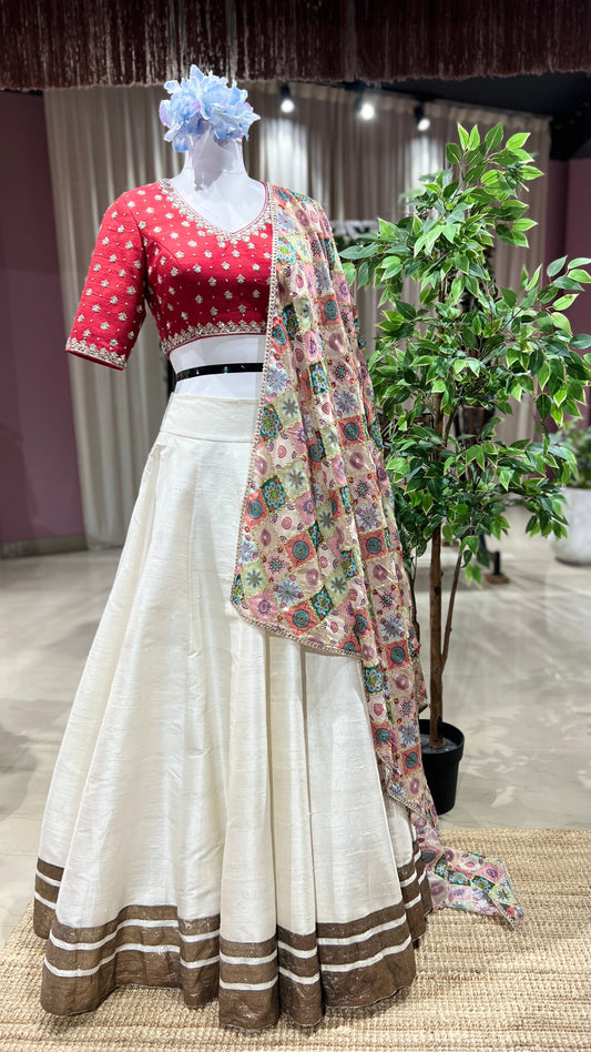 Sindhura – Ivory Raw Silk Lehenga with Mirror Bloom Dupatta
