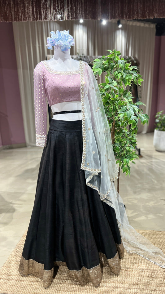 Black Beauty Black Raw Silk Lehenga with Mauve Net Blouse and Soft Net Dupatta