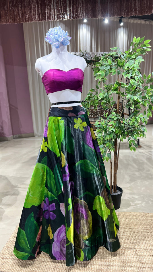 Midnight Bloom – Bold Organza Lehenga with Wine Raw Silk Blouse