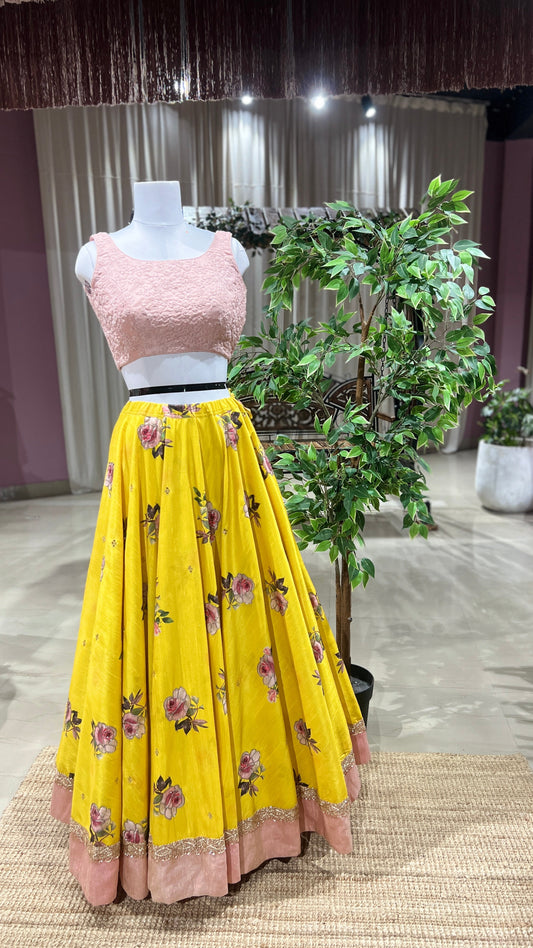 Floral Motifs Yellow Tussar Lehenga with Peach Raw Silk Blouse