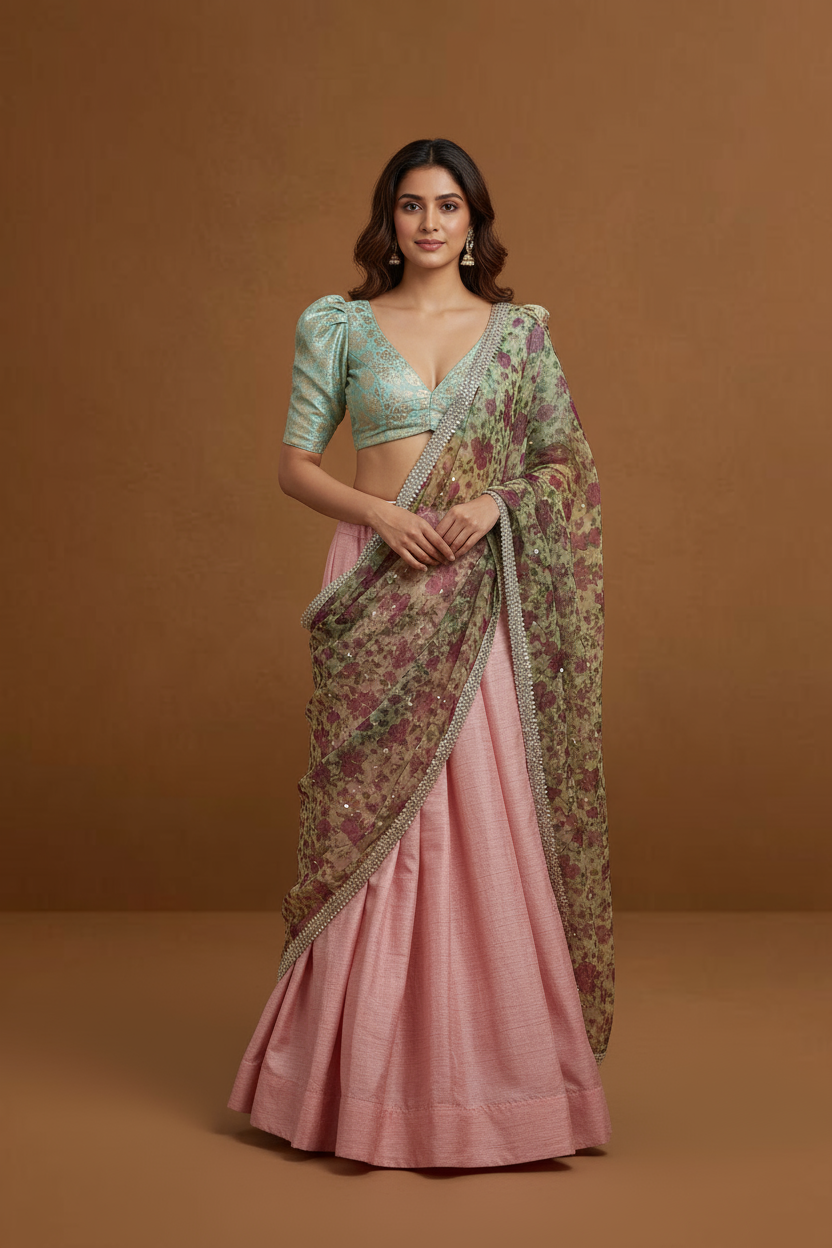 Blush Serenity Lehenga Ensemble (Kanchi Silk Lehenga, Banarasi Blouse, Net Dupatta)