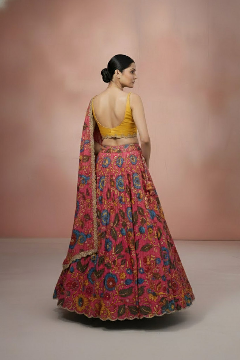 Red & Yellow Kalamkari Embroidered Lehenga Set – Vinisha Rao Designer Studio