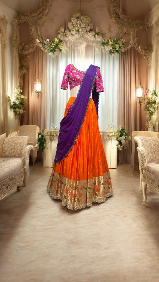 Vibrant Banaras Silk Lehenga with Embroidered Raw Silk Blouse & Chinnon Dupatta