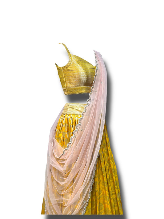 Golden Yellow Banarasi Lehenga Set with Soft Net Dupatta