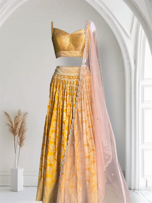 Golden Yellow Banarasi Lehenga Set with Soft Net Dupatta