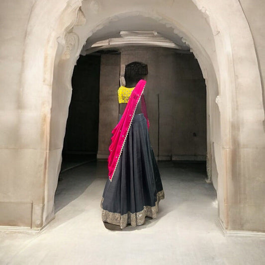 Black Raw Silk Lehenga Set with Embellished Yellow Blouse & Pink Chinnon Dupatta