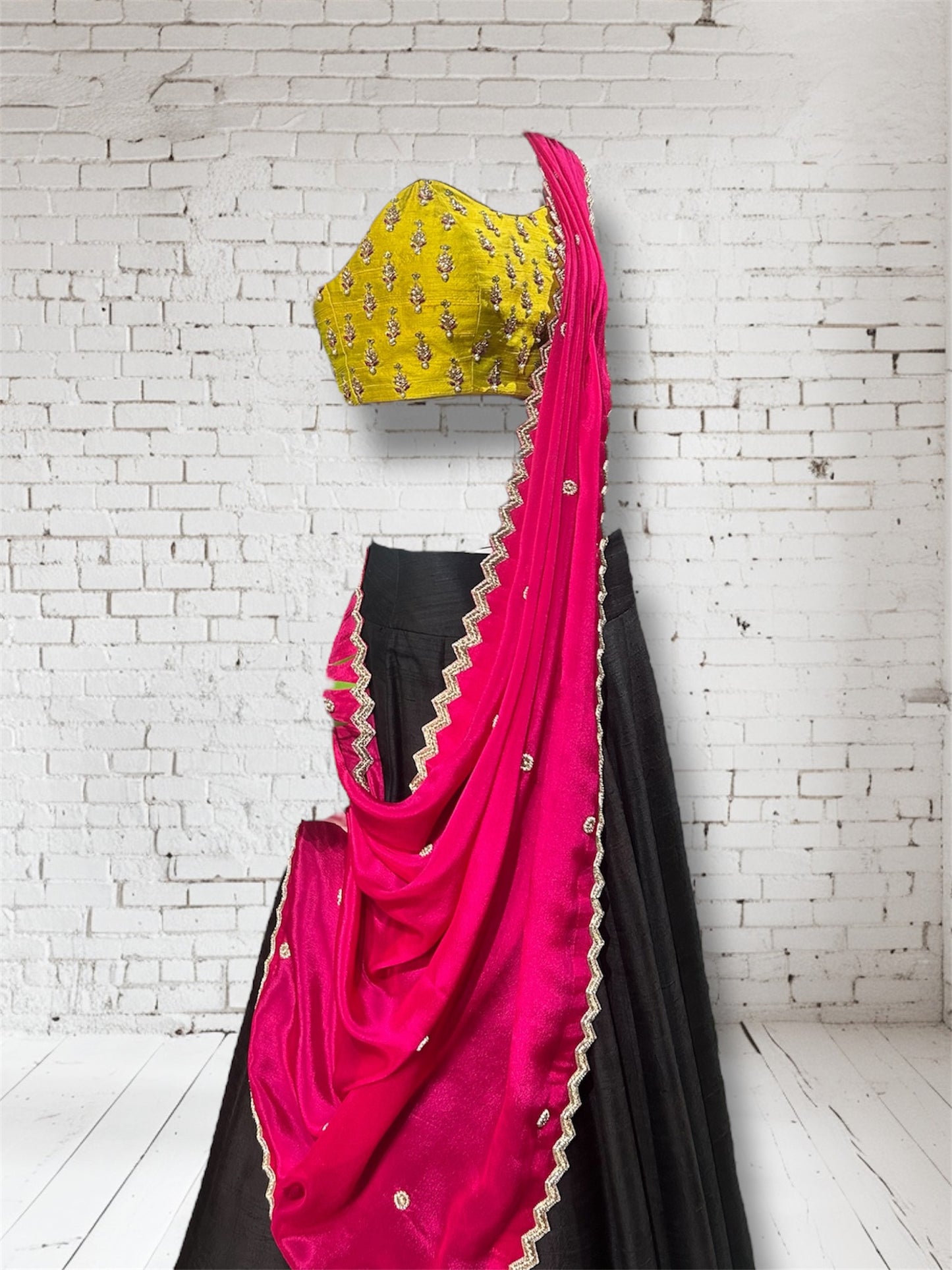 Black Raw Silk Lehenga Set with Embellished Yellow Blouse & Pink Chinnon Dupatta