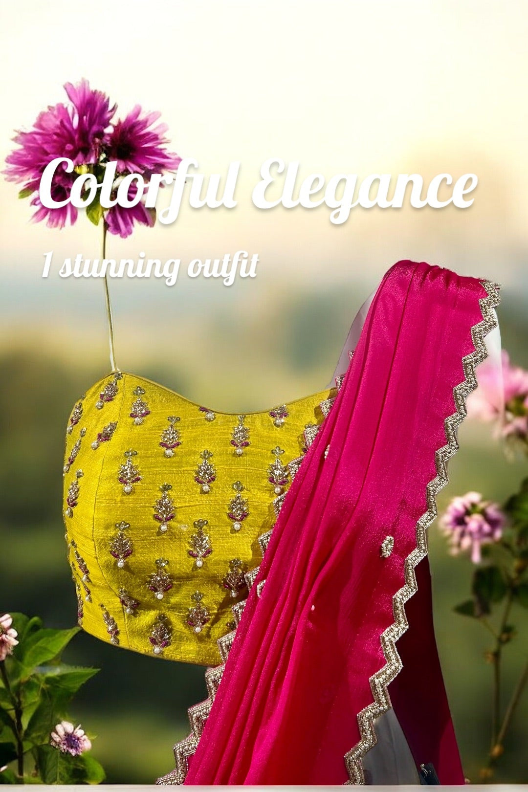 Black Raw Silk Lehenga Set with Embellished Yellow Blouse & Pink Chinnon Dupatta