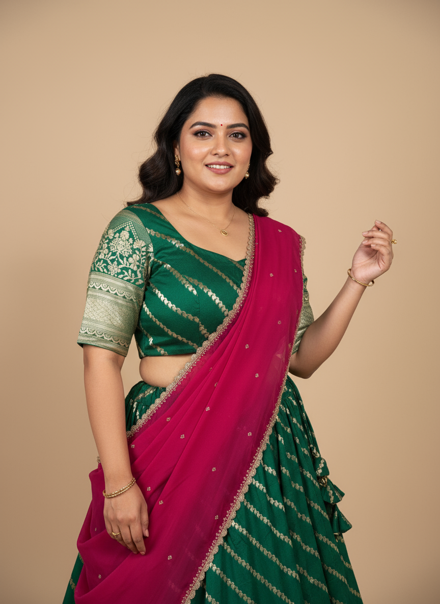 Verdant Grace Lehenga Ensemble (Dola Silk Lehenga and Blouse, Chinnon Dupatta)