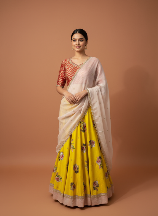 Golden Bloom Lehenga Ensemble (Tussar Lehenga, Raw Silk Dupatta, Chinnon Dupatta)
