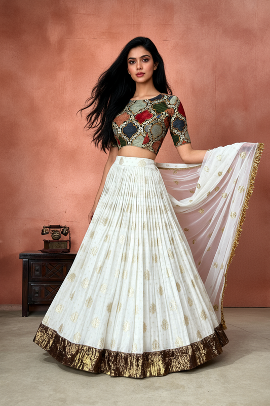 Ivory Elegance Lehenga Ensemble (Chanderi Lehenga and Dupatta, Banaras Blouse)
