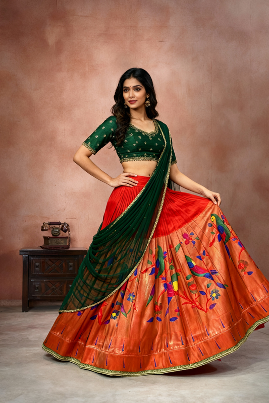 Vibrant Heritage Lehenga Ensemble (Raw Silk Blouse, Paithani Lehenga, Net Dupatta)