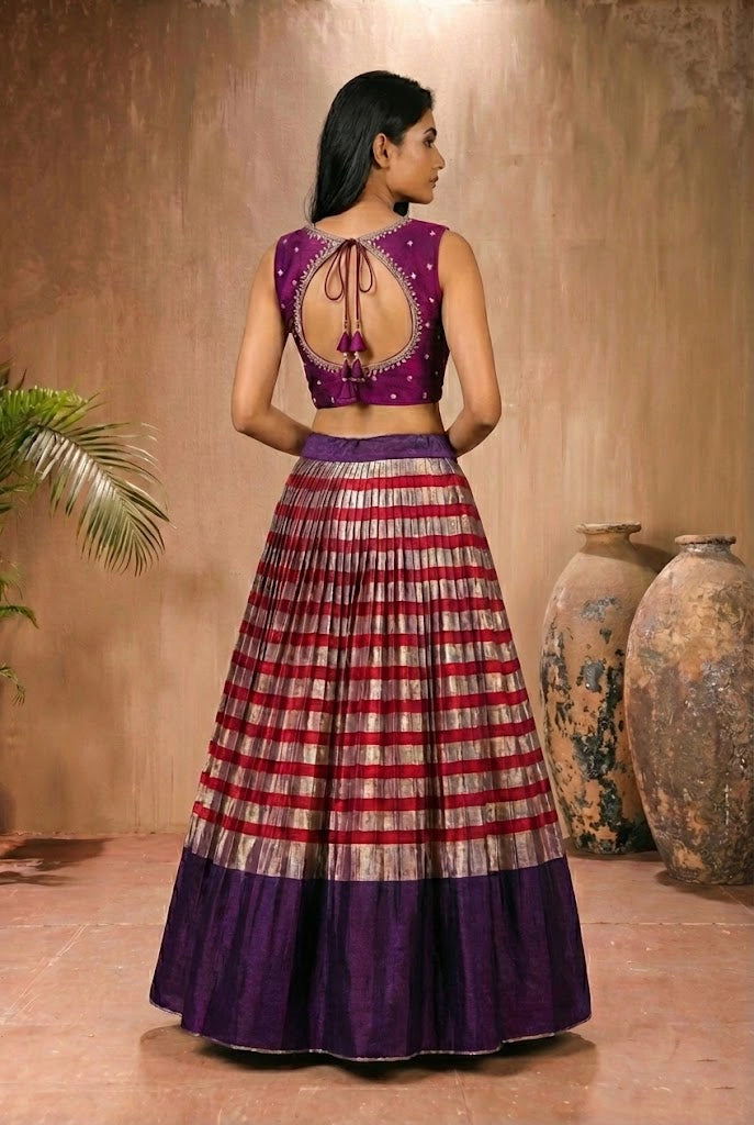 Deep Purple Silk Blouse with Maroon & Silver Metallic Striped Lehenga Set