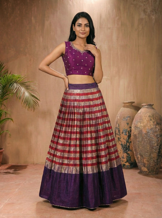 Deep Purple Silk Blouse with Maroon & Silver Metallic Striped Lehenga Set