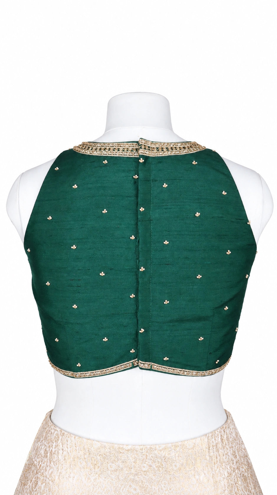 Ivory-Gold Pure Crushed Banaras Lehenga Set with Emerald Raw Silk Blouse
