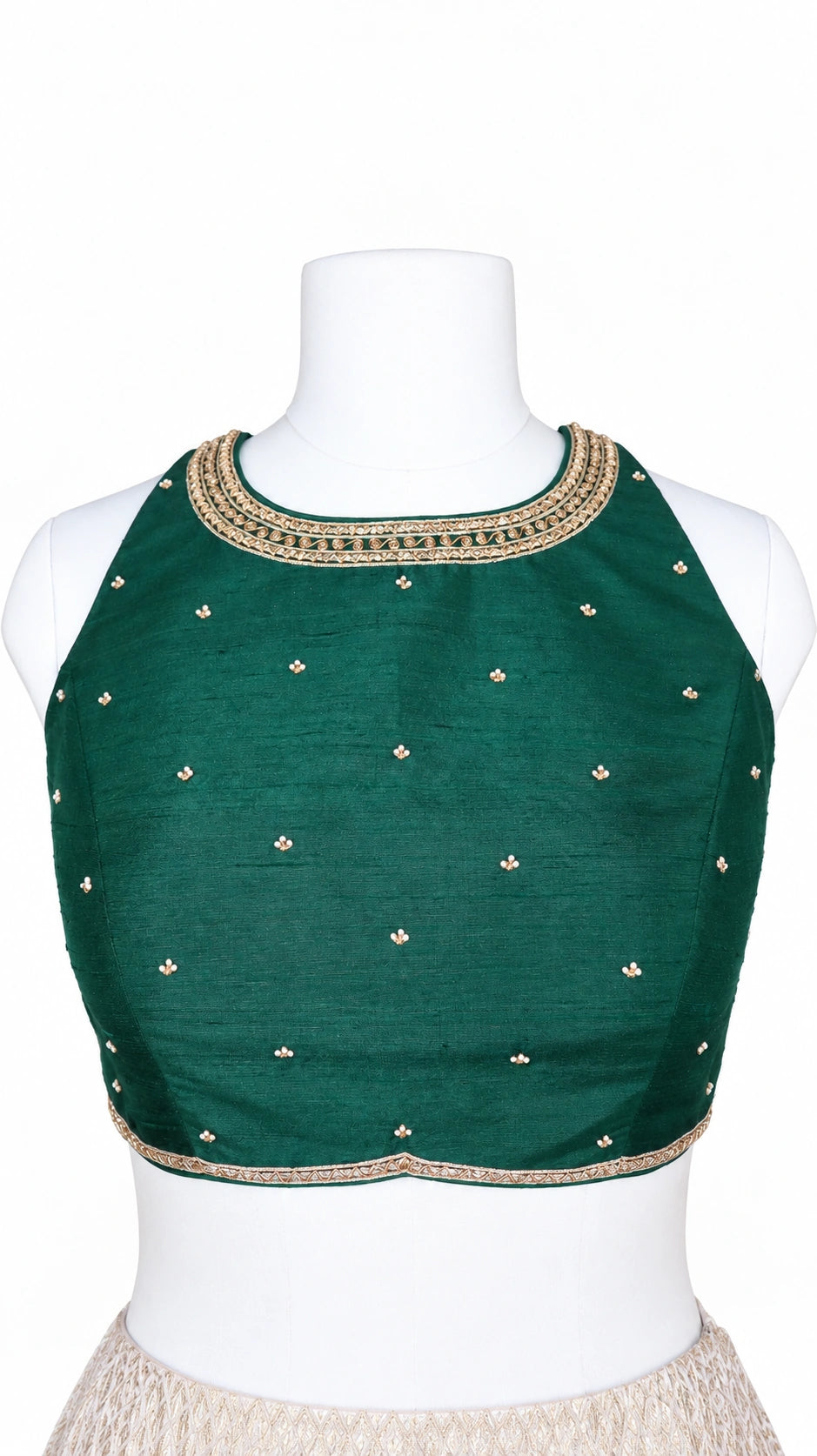 Ivory-Gold Pure Crushed Banaras Lehenga Set with Emerald Raw Silk Blouse