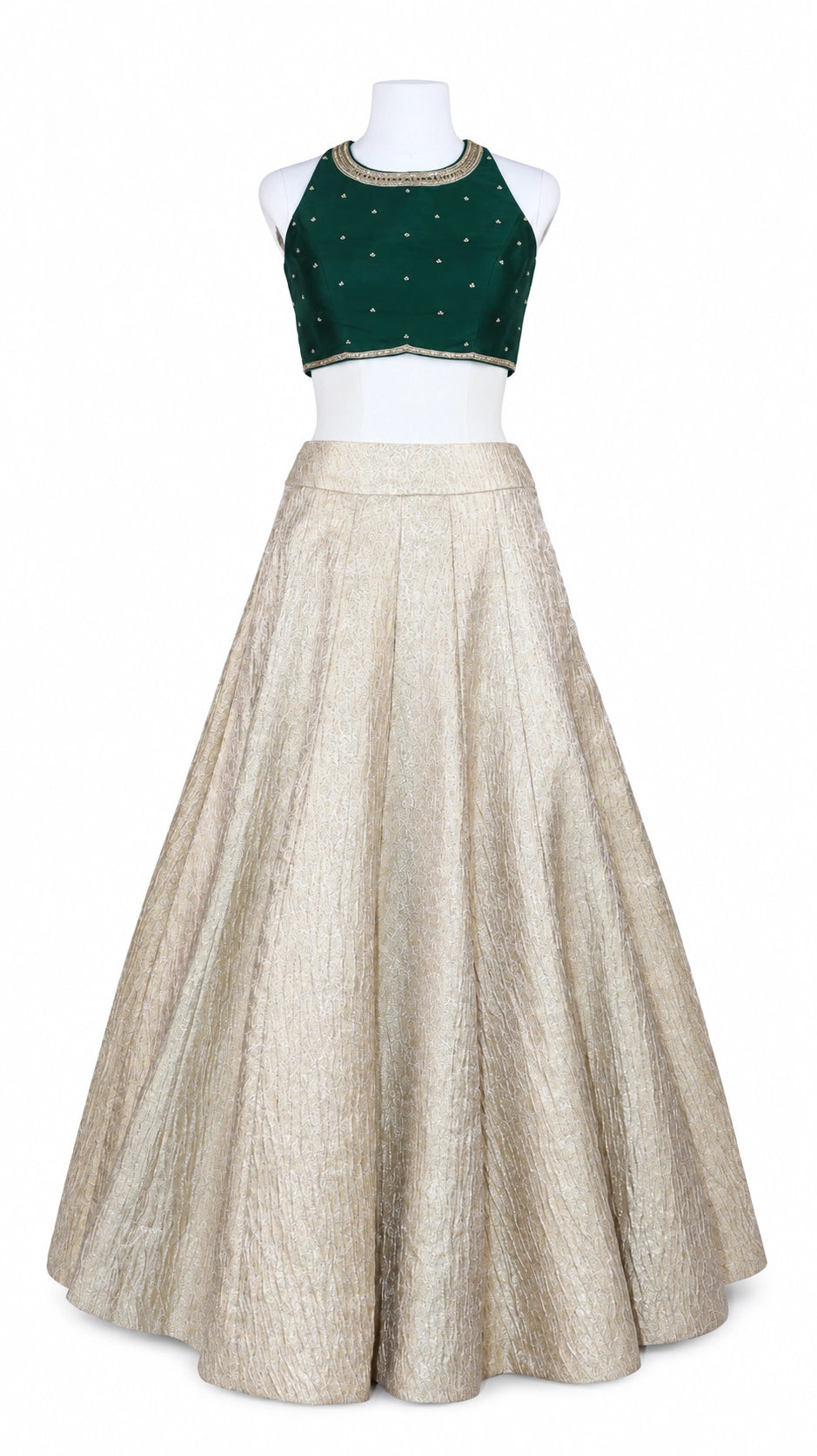 Ivory-Gold Pure Crushed Banaras Lehenga Set with Emerald Raw Silk Blouse