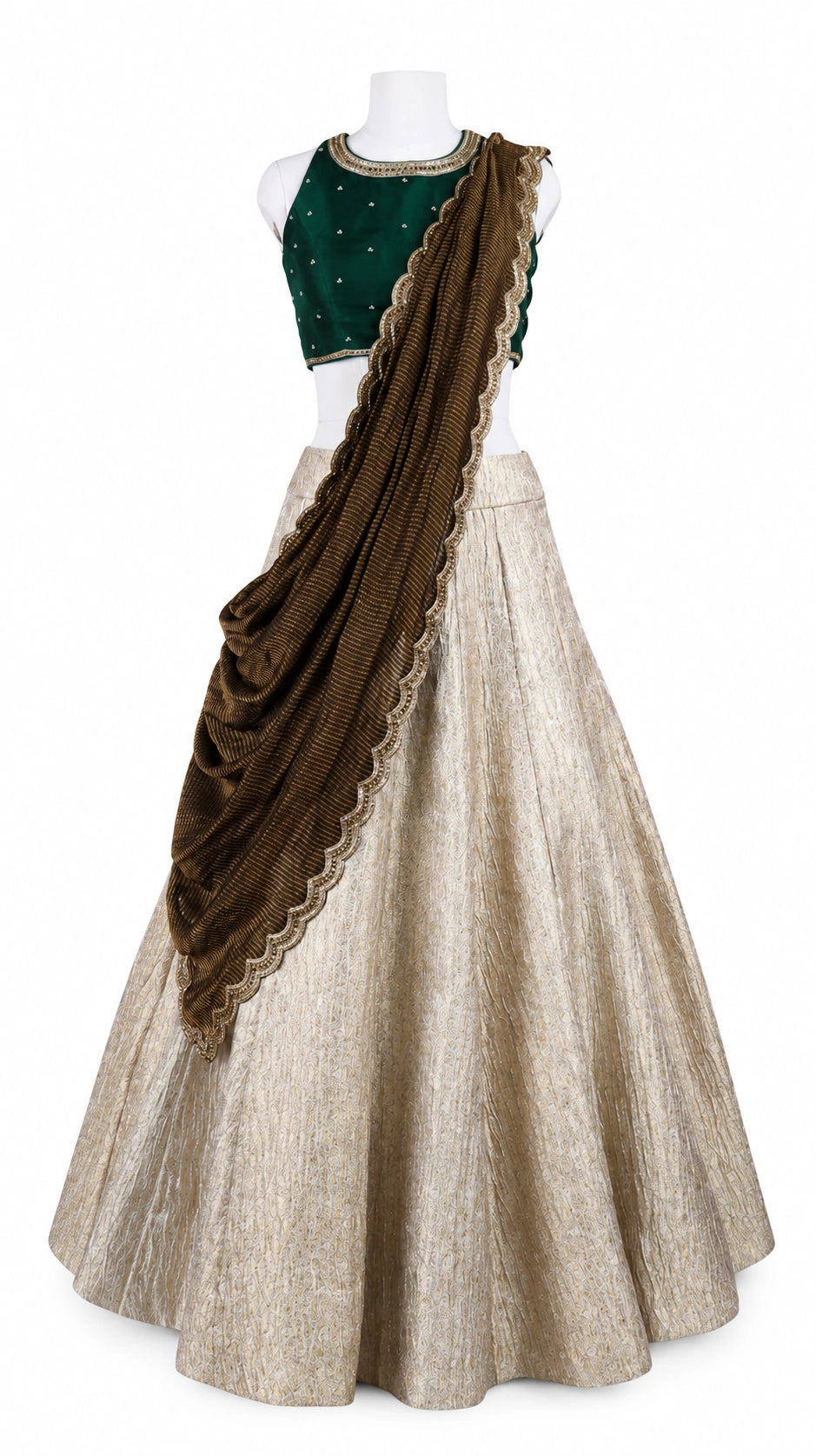 Ivory-Gold Pure Crushed Banaras Lehenga Set with Emerald Raw Silk Blouse