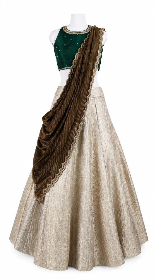 Ivory-Gold Pure Crushed Banaras Lehenga Set with Emerald Raw Silk Blouse