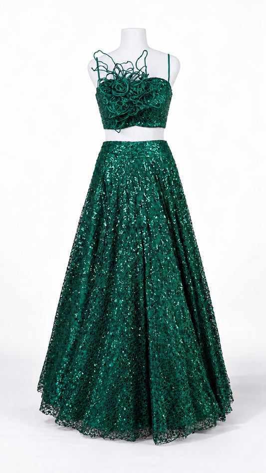 Sequin Lace Lehenga Set with Sculptural Cordwork Blouse
